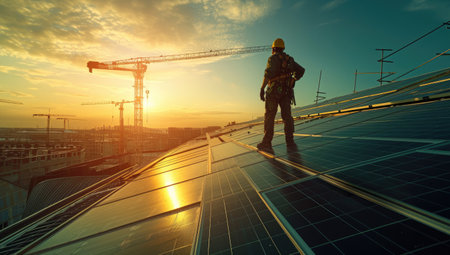 Photovoltaic panels on the roof of a modern building at sunsetの素材