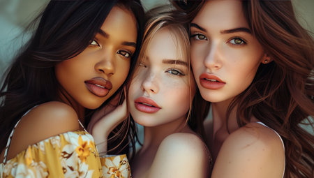 beautiful multiethnic girls with makeup and hairstyle posing togetherの素材