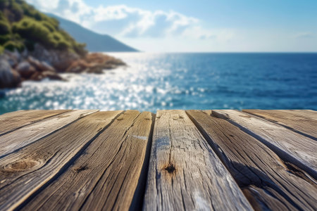 Empty wooden deck table top over blurred sea background. Ready for product display montageの素材