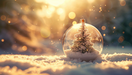 Snow globe with christmas tree on snow with bokeh backgroundの素材