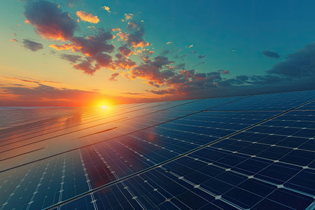 solar energy panels on sunset sky background, 3d render illustrationの素材