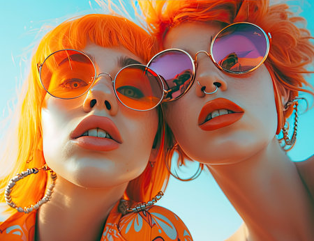 Portrait of two beautiful girls with bright orange hair and sunglasses.の素材