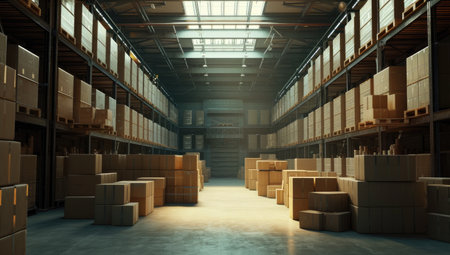 Warehouse interior with rows of cardboard boxes. 3d render illustrationの素材
