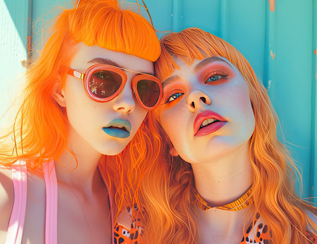 Fashion portrait of two young women with orange hair and sunglasses.の素材
