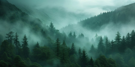 Foggy mountain landscape with coniferous trees in the foregroundの素材