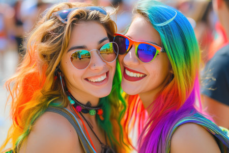 Two beautiful young women with colorful hair and sunglasses having fun on the streetの素材