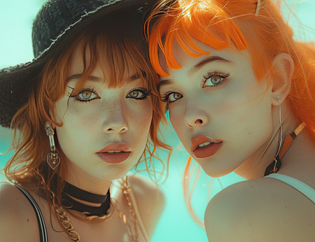 Portrait of two beautiful young women with red hair and black hatの素材