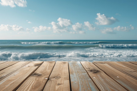 Wooden table with sea and sky background. Perspective wood over blurred sea backgroundの素材