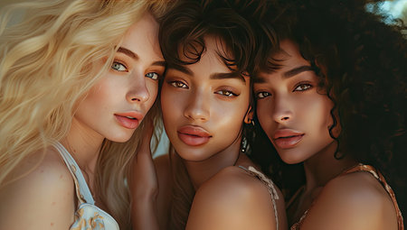 Portrait of three beautiful young women with long curly hair. Beauty, fashion.の素材