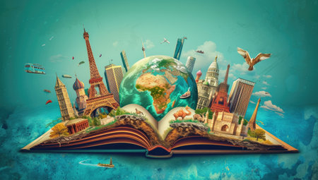 Open book with famous monuments of the world on the pages, travel conceptの素材