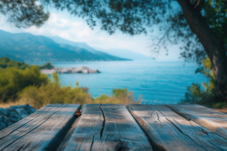 Wooden table in front of the sea and mountains. Selective focus.の素材