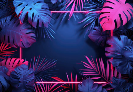 Tropical background with palm leaves and neon lights. 3d illustrationの素材