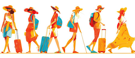 Vector illustration of a group of tourists with suitcases and bags.の素材