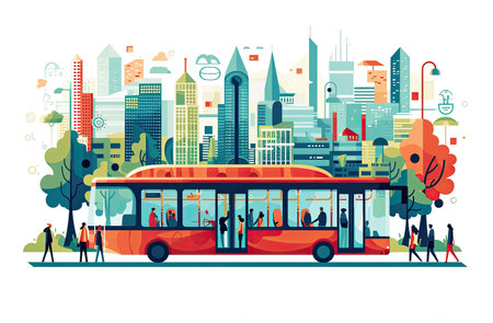 Cityscape with bus and people. Vector illustration in flat style.の素材