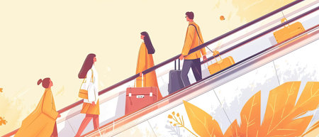 Vector illustration of people walking on escalator in shopping center. People walking in shopping mall.の素材