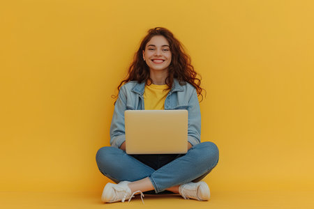 smiling young woman sitting on floor with laptop and looking away isolated on yellowの素材