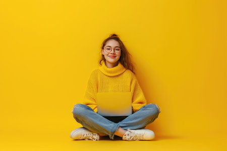 smiling young woman in eyeglasses sitting with laptop on yellow backgroundの素材