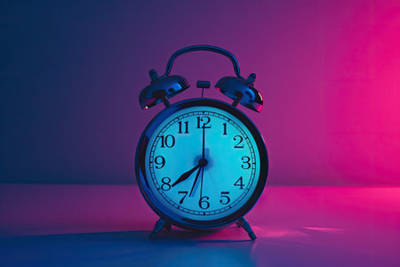 Retro alarm clock on blue and pink background. Time concept.の素材