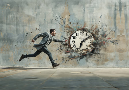 Young businessman running in front of wall with clock. Time management conceptの素材