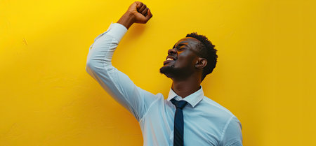 Portrait of happy african american man celebrating success against yellow backgroundの素材