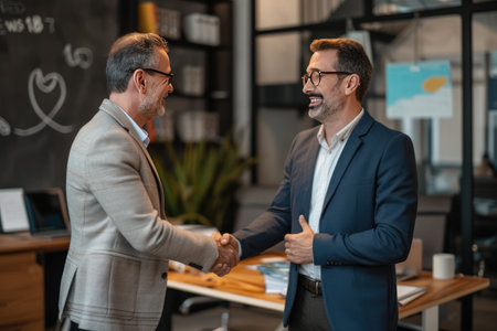 selective focus of smiling mature businessmen shaking hands at workplace in officeの素材