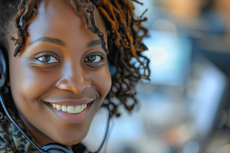 Portrait of a beautiful african american customer service representative with headset.の素材