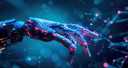 Robot humanoid hand 3D rendering on black background with bokehの素材