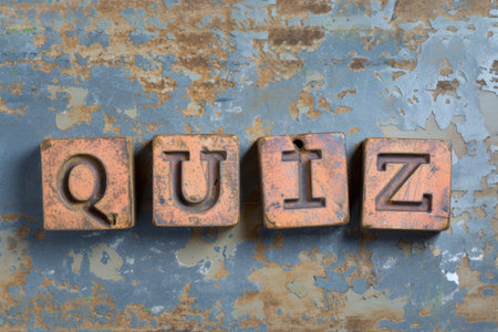 \The word \"\"Quiz\"\" written in dirty vintage letterpress type on a rusty background.\""の素材