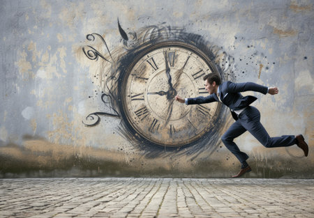 Businessman running in front of wall with clock on it. Time conceptの素材