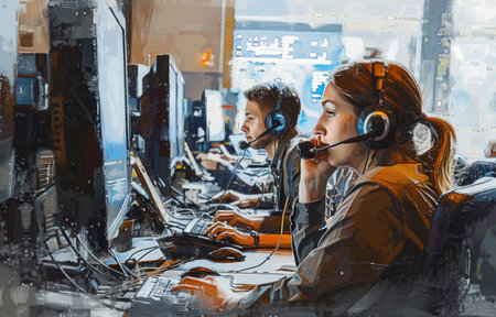 Digital painting of two female call centre workers working in the call centerの素材