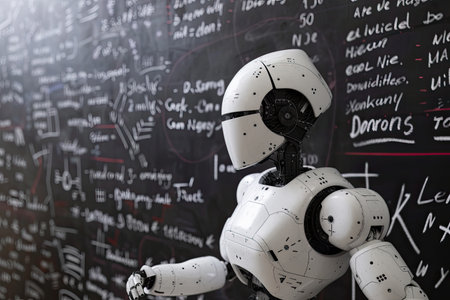 Robot in front of a blackboard with mathematical formulas. Technology concept.の素材