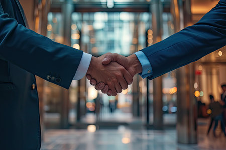Close up of two businessmen shaking hands in the lobby of a modern office buildingの素材