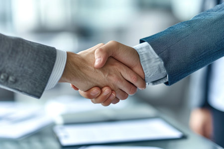 Business people shaking hands, finishing up a meeting, close-upの素材