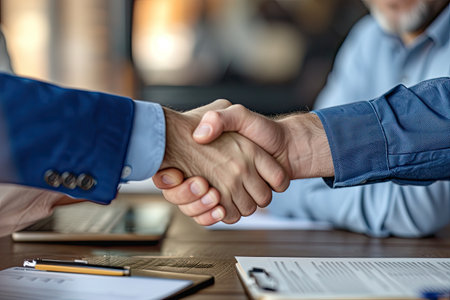 Business people shaking hands, finishing up a meeting. Close-up of two businesspeople shaking hands in a modern office.の素材