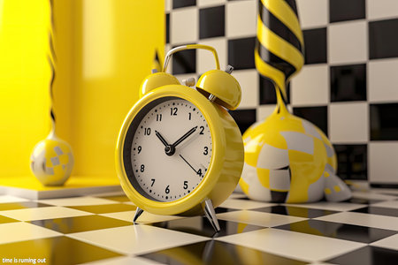 3d rendering of yellow alarm clock on checkered chess boardの素材