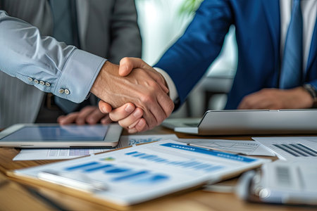 Business people shaking hands, finishing up a meeting. Handshake concept.の素材