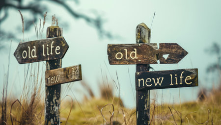 Wooden signpost with text: Old life, new life, new lifeの素材