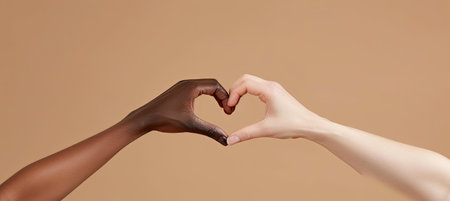 Close up of human hands making heart shape with fingers on brown backgroundの素材