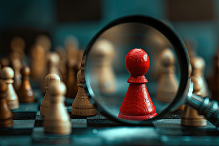 Magnifying glass and wooden chess pieces. Concept of business strategy and leadership.の素材