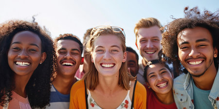 Group of friends laughing and looking at camera. Group of young people standing together outdoors.の素材