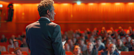 Businessman giving a speech at business conference. Audience at the conference hall. Business and Entrepreneurship concept.の素材