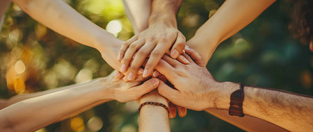 Group of friends holding hands together. Unity concept. Close up.の素材