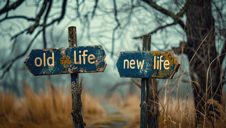 Old wooden signpost with the words Old Life, New Life and New Lifeの素材