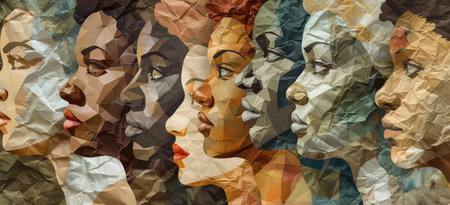 Collage of women heads in profile. Multicolored abstract background.の素材