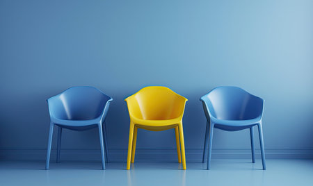 3D render of blue and yellow chairs in a blue room.の素材