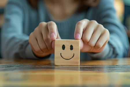 Woman hand holding wooden cube with smiley face icon on it.の素材