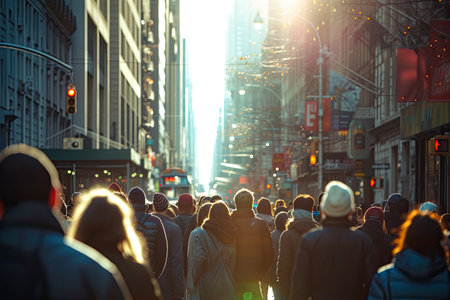 Crowd of people walking in Times Square at sunsetの素材