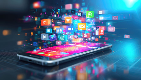 Smartphone with colorful application icons flying over it. 3D renderingの素材