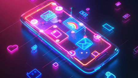 Smartphone with glowing screen and app icons. 3D Renderingの素材