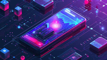Isometric smartphone with processor, microchip, microcircuit, microcircuit, circuit board on blue background. Vector illustrationの素材